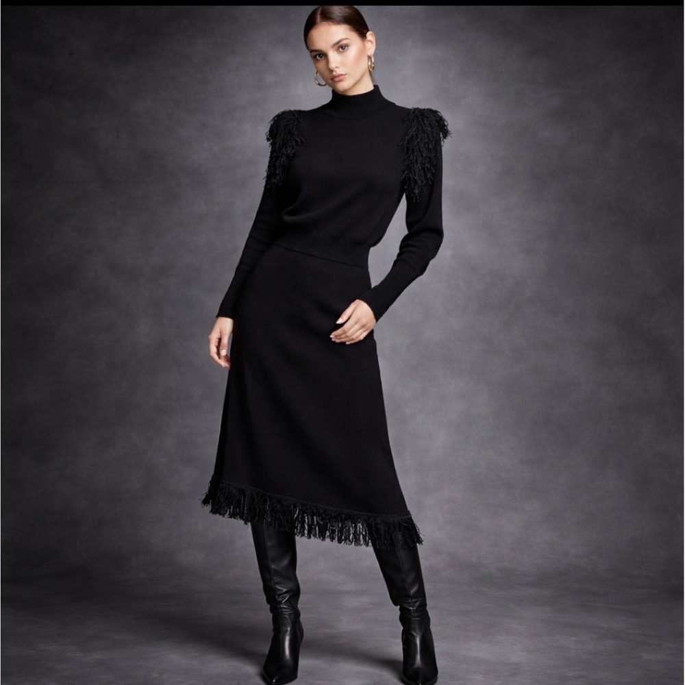 VAARA Black Fringe Sweater & Knit‎ Midi Skirt Set Size M Boho Goth Minimalist